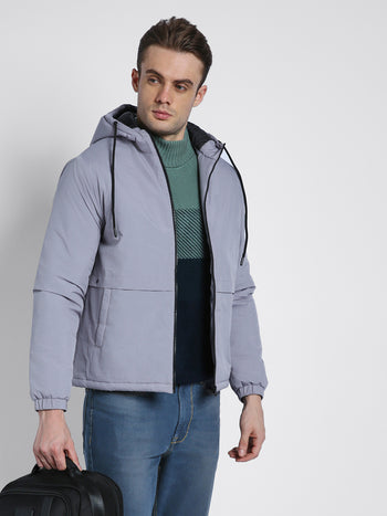 Men's Hooded Regular Fit Solid Panelled Grey Sky Jackets