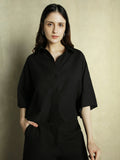 DL Woman Black Solid Shirt Collar Half Sleeves Top