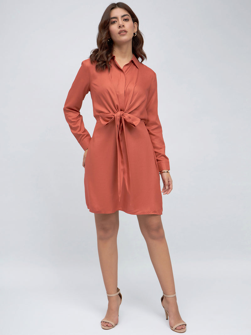 DL Woman Shirt Collar Regular Fit Solid Orange Tie-Up Dress