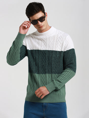 Men's Off-White Colorblock Round Neck Pullover Sweater