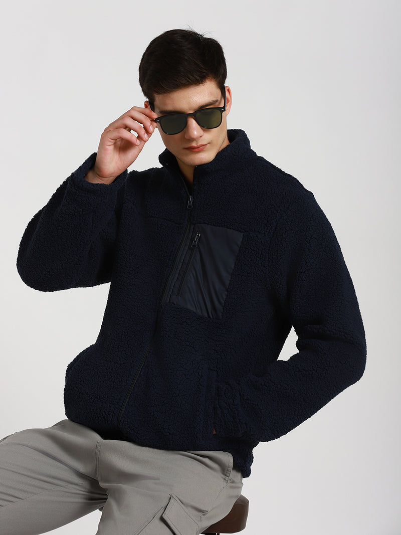 Men's High Neck Regular Fit Solid Navy Jackets