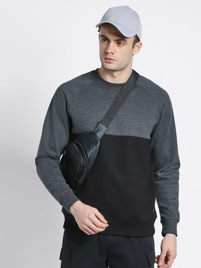 Men's Mock Neck Regular Fit Colourblock Dark Grey Sweatshirt