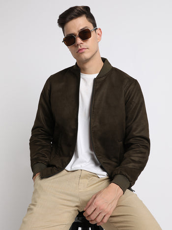 Men's Rib Collar Regular Fit Solid Olive Suede  Bomber Jacket