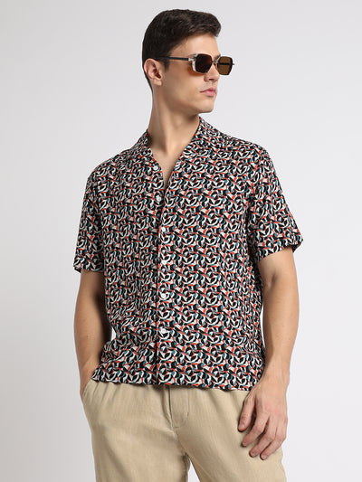 Dennis Lingo Men's Cuban Collar Regular Fit Print Multicolour Casual Shirts