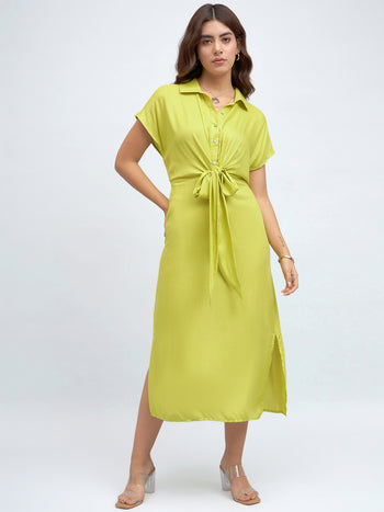 DL Woman Shirt Collar Regular Fit Solid Green Midi Tie-Up Dress