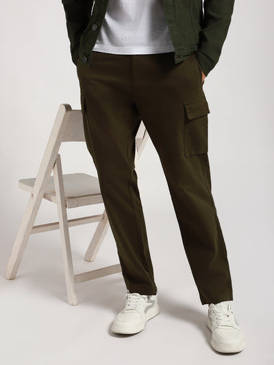 Men's Dark Olive Solid Cargo Trousers