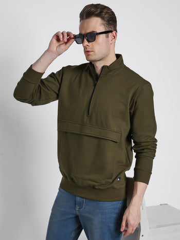 Men's Mock Neck Regular Fit Solid Patch Pocket Olive Sweatshirt