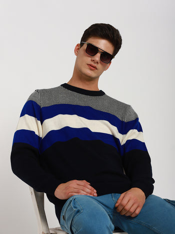 Men's Navy & Grey Striped Acrylic Pullover Sweater