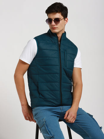 Men's Mock Collar Regular Fit Solid Quilted Turquoise Green Jacket