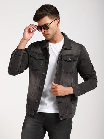 Men's Grey Washed Regular Fit Fit Collar Full Sleeves Trucker Denim Jacket