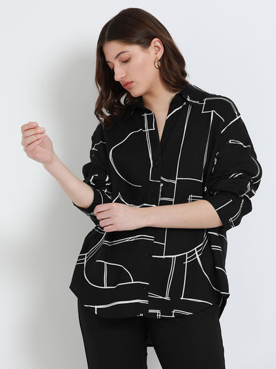 DL Woman Shirt Collar Regular Fit Abstract Print Black Shirt