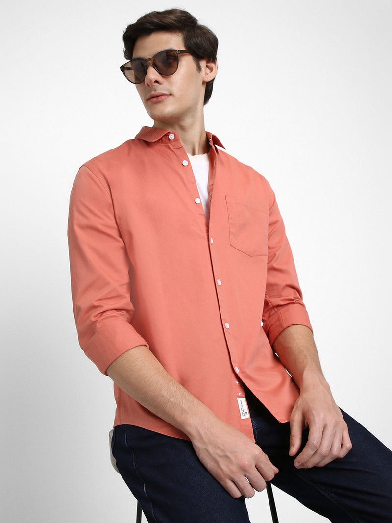 Men's Regular Collar Regular Fit Solid Orange Casual Shirts