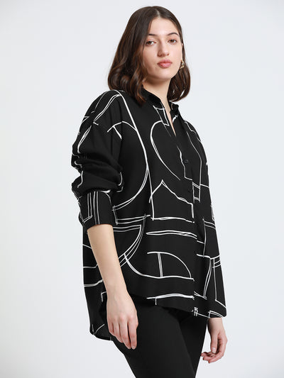 DL Woman Shirt Collar Regular Fit Abstract Print Black Shirt