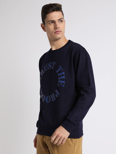 Men's Mock Neck Regular Fit Chest Print Navy Sweatshirt