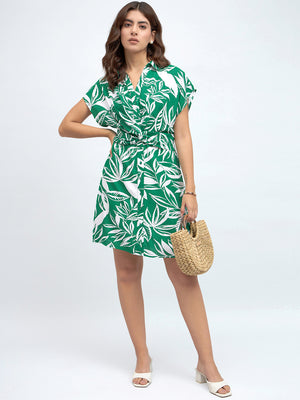 DL Woman Shirt Collar Regular Fit Printed Green Dress