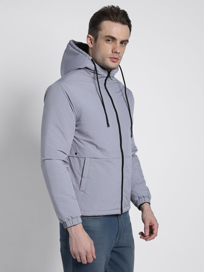 Men's Hooded Regular Fit Solid Panelled Grey Sky Jackets