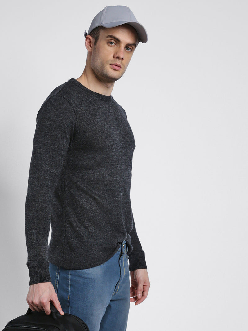 Men's Grey Solid Round neck pullover sweater