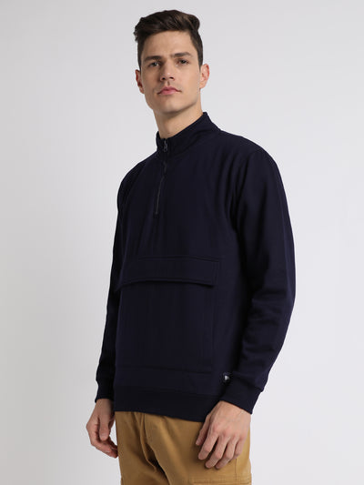 Men's Mock Neck Regular Fit Solid Patch Pocket Navy Sweatshirt