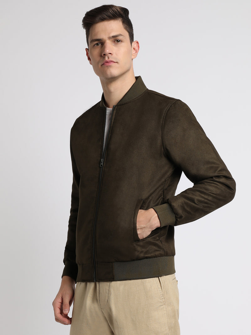 Men's Rib Collar Regular Fit Solid Olive Suede  Bomber Jacket