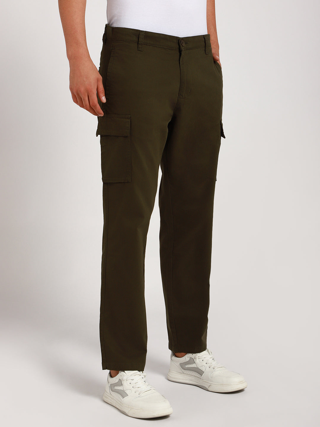 Men's Dark Olive Solid Cargo Trousers