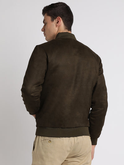 Men's Rib Collar Regular Fit Solid Olive Suede  Bomber Jacket