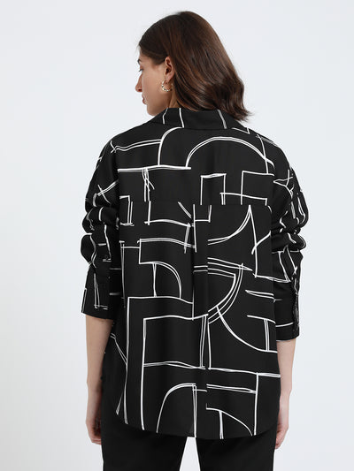 DL Woman Shirt Collar Regular Fit Abstract Print Black Shirt