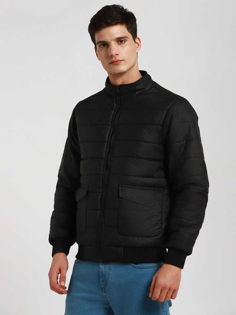 Men's High Neck Regular Fit Solid Quilted Navy Jackets