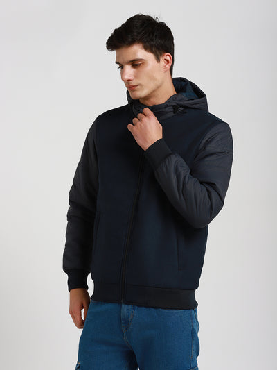 Men's Hooded Regular Fit Suede Solid Navy Jackets