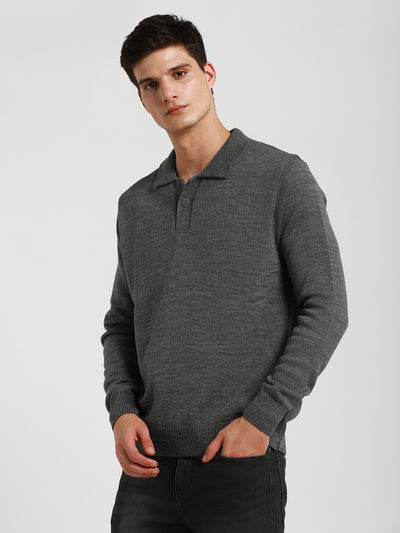 Men's Collar Regular Fit Solid Mid Grey Mel Sweater