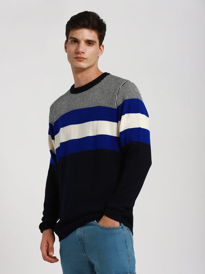 Men's Navy & Grey Striped Acrylic Pullover Sweater