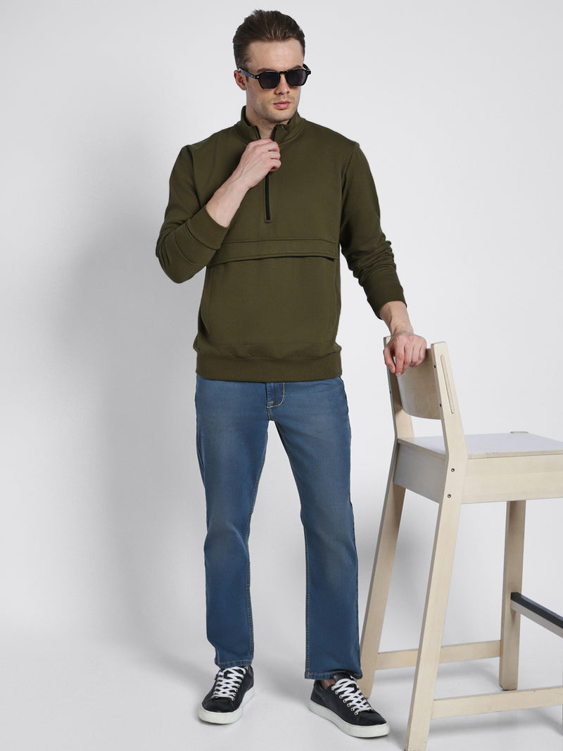 Dennis Lingo Men's Mock Neck Regular Fit Solid Patch Pocket Olive Sweatshirt