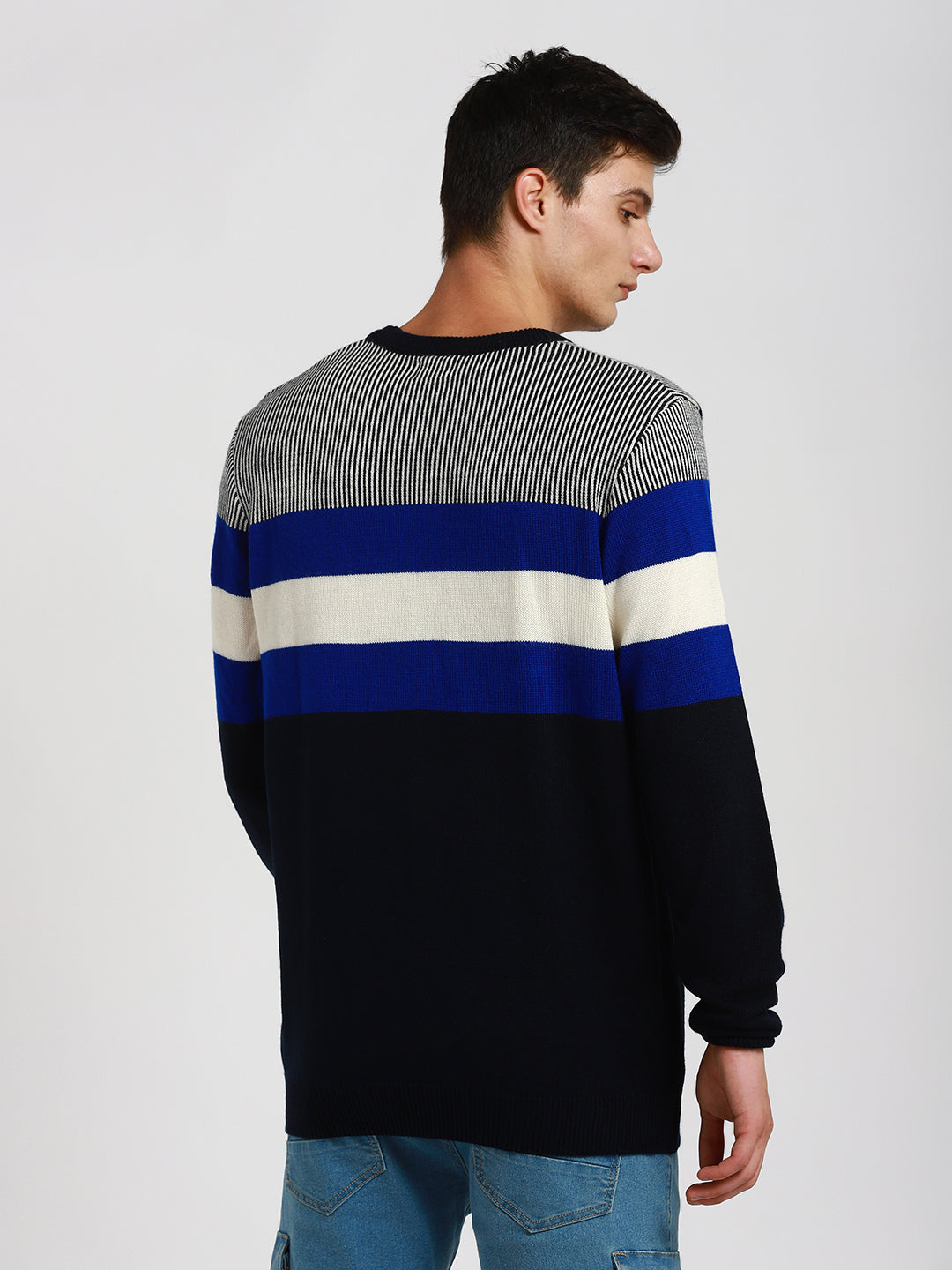 Men's Navy & Grey Striped Acrylic Pullover Sweater