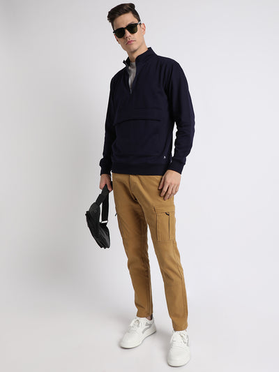 Men's Mock Neck Regular Fit Solid Patch Pocket Navy Sweatshirt