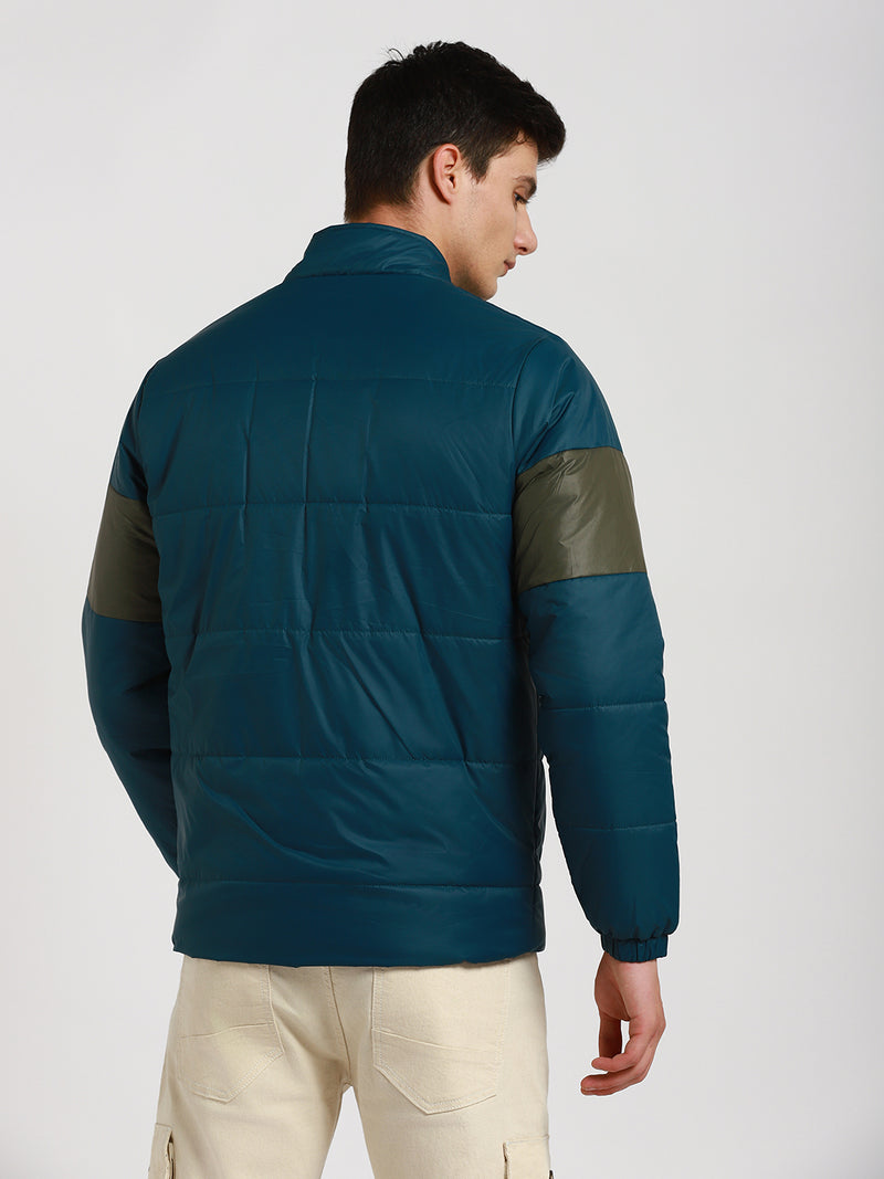 Dennis Lingo Men's High Neck Regular Fit Panelled Turqouise Green Jackets