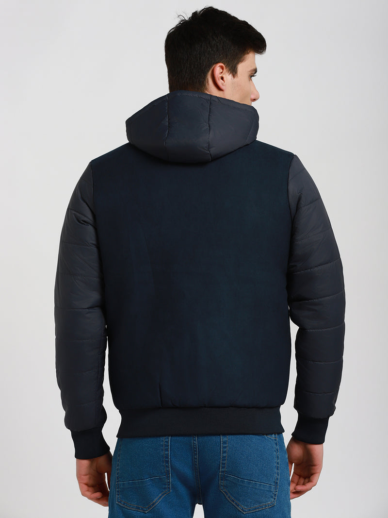 Men's Hooded Regular Fit Suede Solid Navy Jackets