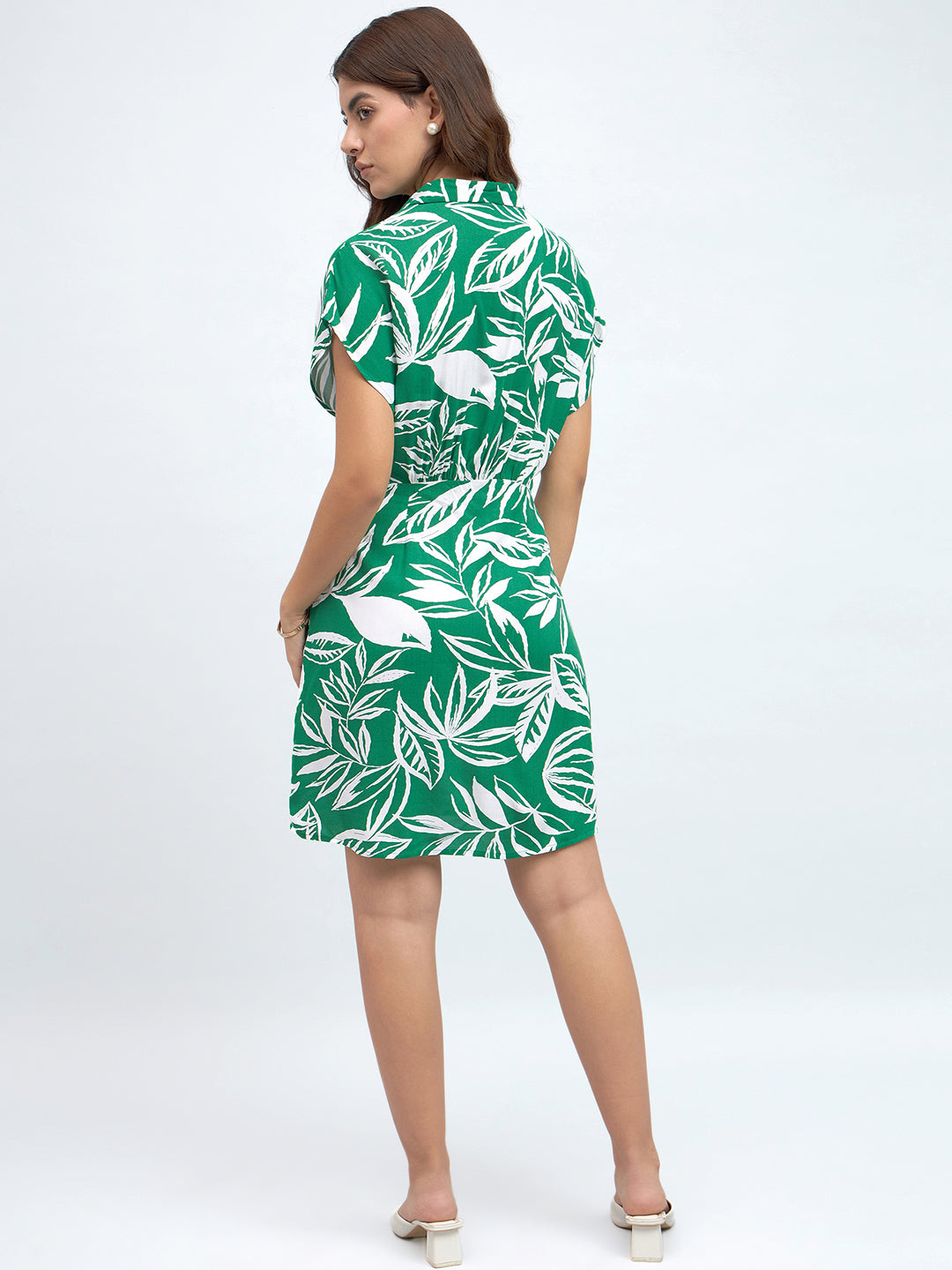 DL Woman Shirt Collar Regular Fit Printed Green Dress