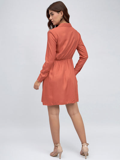 DL Woman Shirt Collar Regular Fit Solid Orange Tie-Up Dress