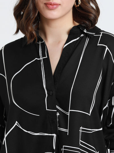 DL Woman Shirt Collar Regular Fit Abstract Print Black Shirt