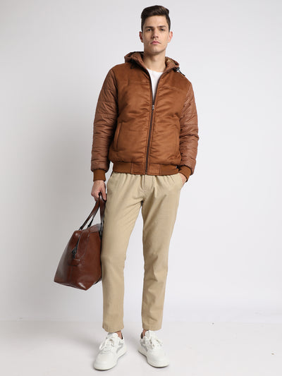 Men's Hooded Regular Fit Suede Solid Tan Jackets