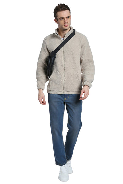 Dennis Lingo Men's High Neck Regular Fit Solid Fleece Beige Jackets