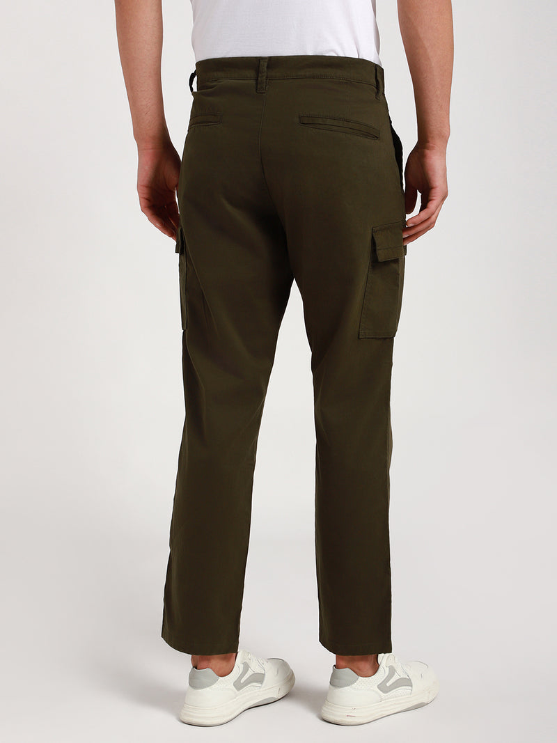 Men's Dark Olive Solid Cargo Trousers