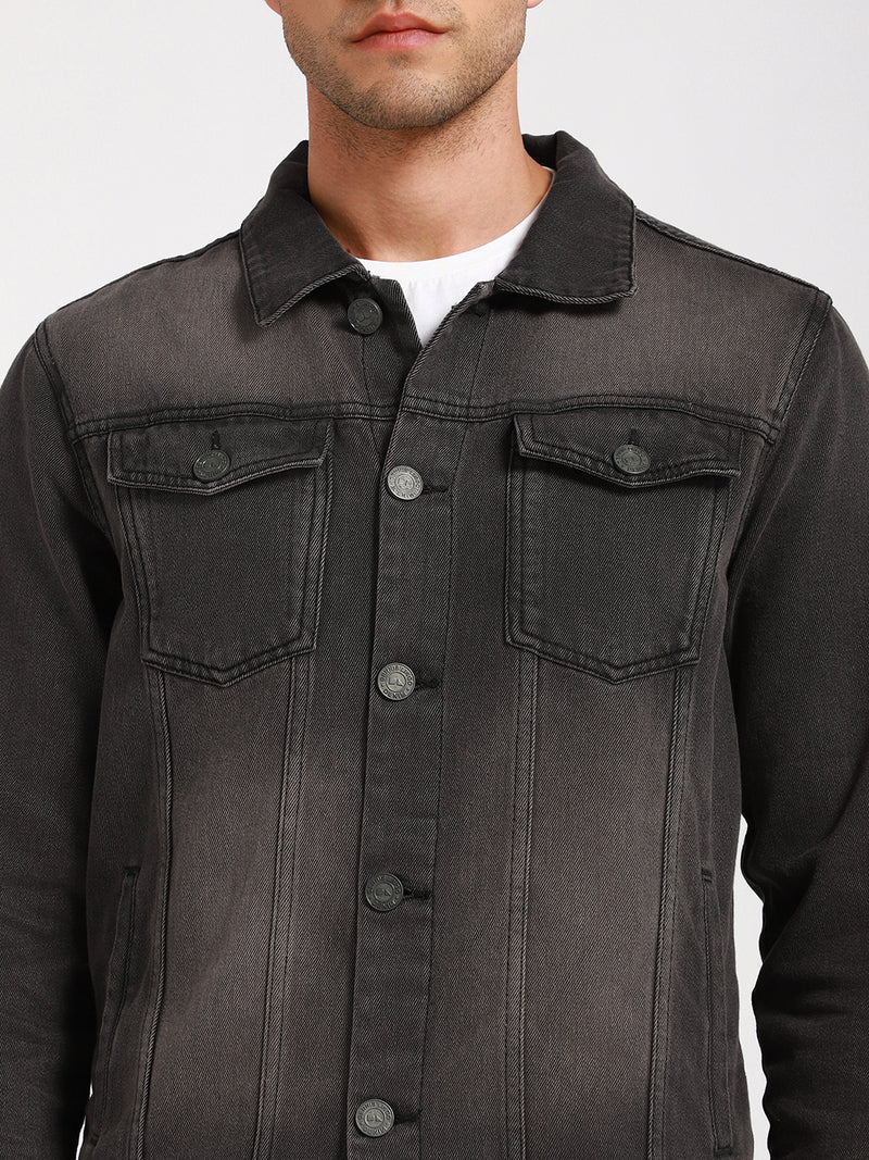 Men's Grey Washed Regular Fit Fit Collar Full Sleeves Trucker Denim Jacket