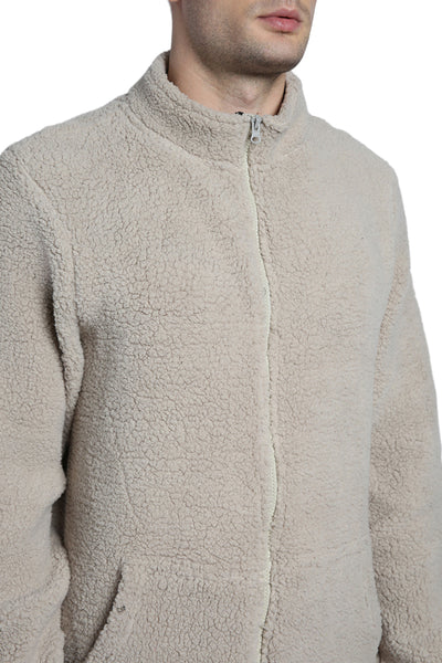 Dennis Lingo Men's High Neck Regular Fit Solid Fleece Beige Jackets