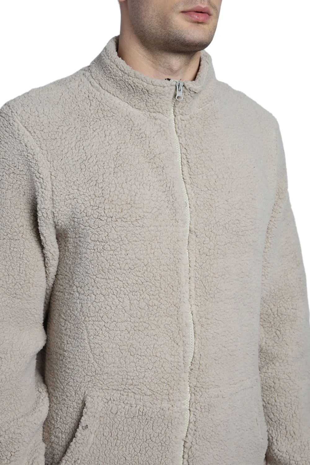 Men's High Neck Regular Fit Solid Fleece Beige Jackets