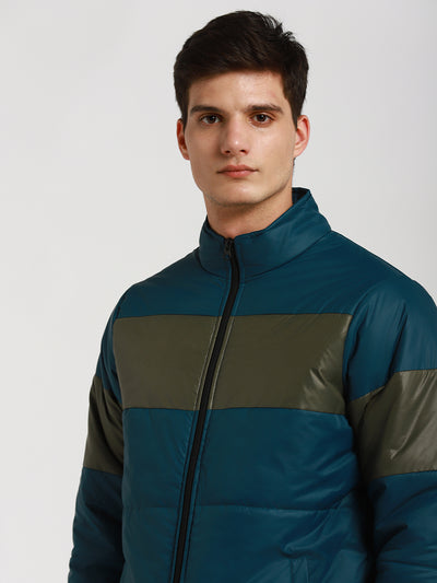 Dennis Lingo Men's High Neck Regular Fit Panelled Turqouise Green Jackets