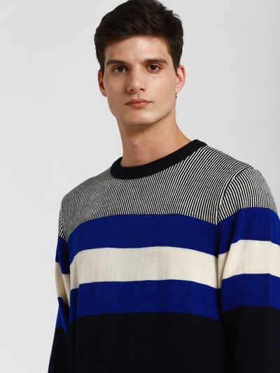 Men's Navy & Grey Striped Acrylic Pullover Sweater