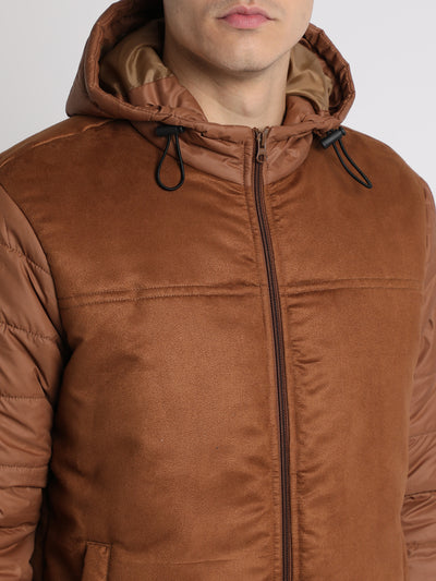 Men's Hooded Regular Fit Suede Solid Tan Jackets