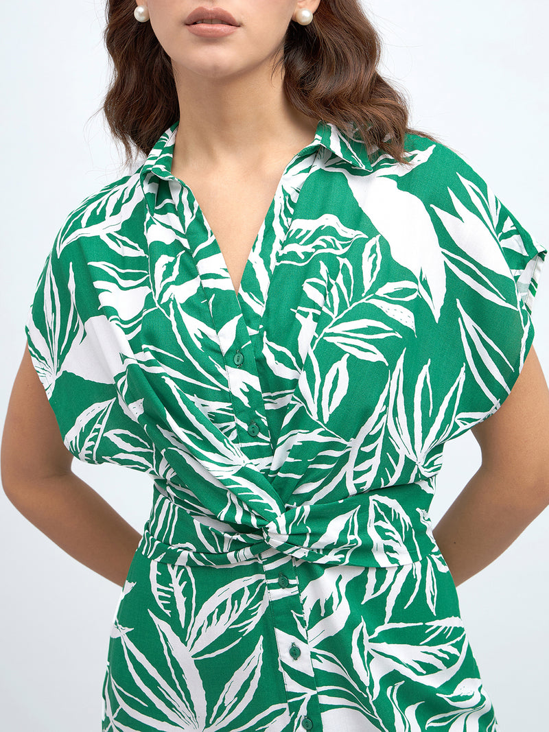 DL Woman Shirt Collar Regular Fit Printed Green Dress