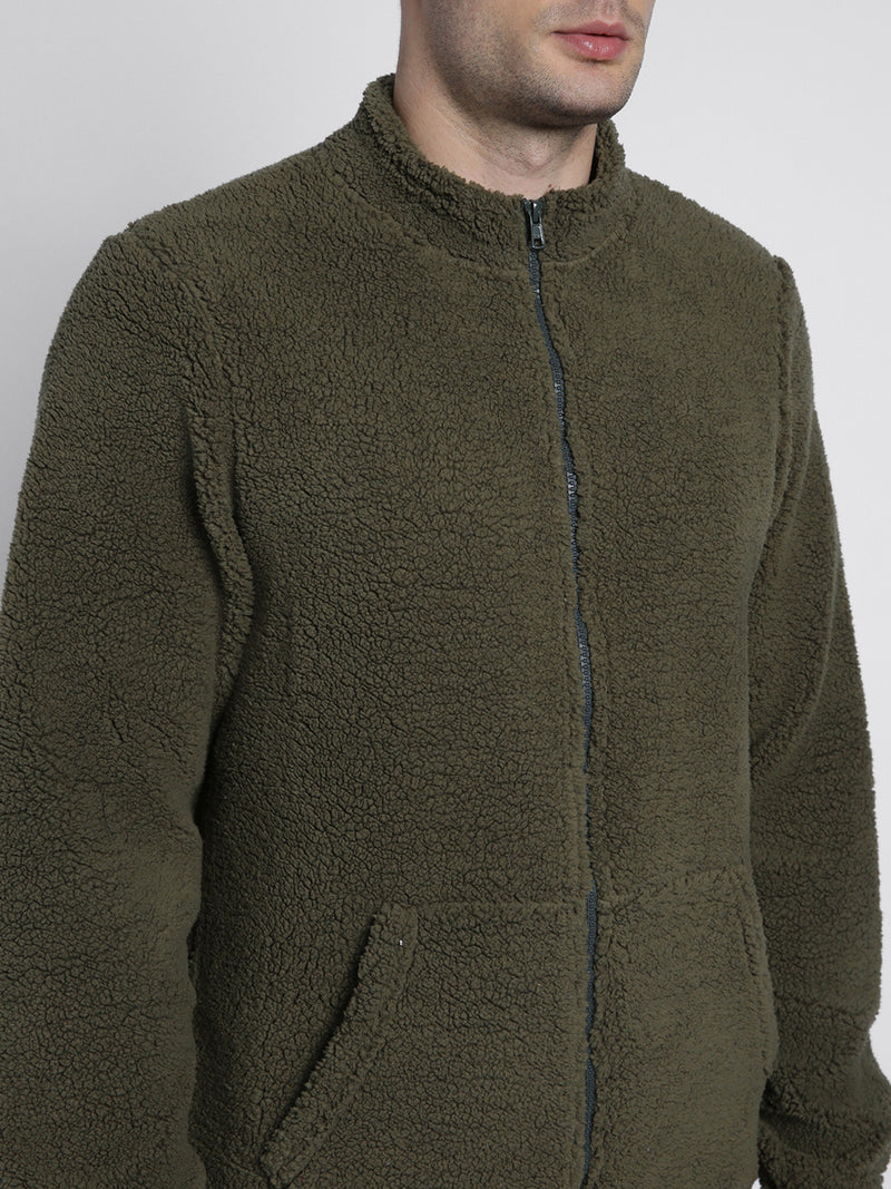 Men's High Neck Regular Fit Solid Fleece Olive Jackets