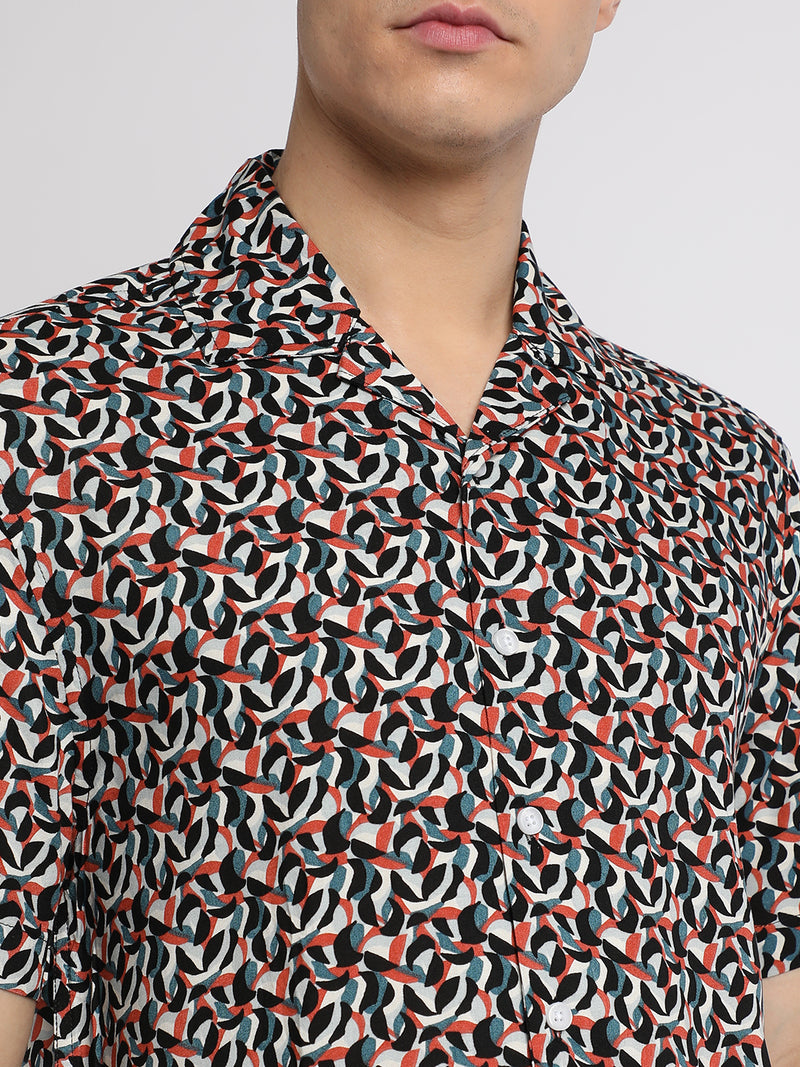Dennis Lingo Men's Cuban Collar Regular Fit Print Multicolour Casual Shirts